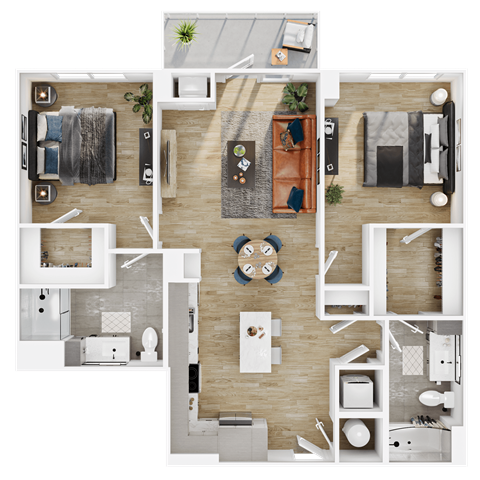 Floor plan for 2 beds, 2 baths, 1050 sqft